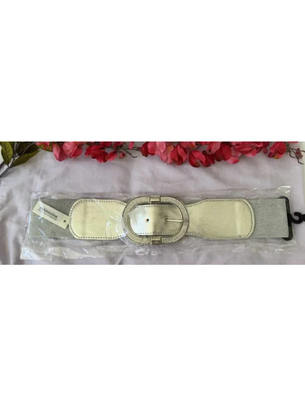 Women's Silver Stretch Wide Faux Leather Wide Fabric Belt Hook Bling Buckle S M